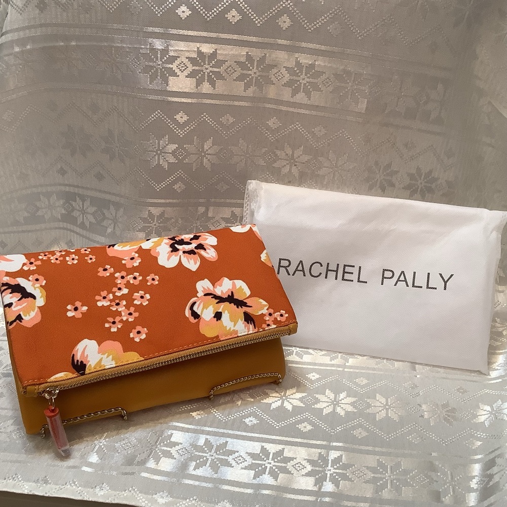 Rachel Pally Clutch Reversible Zipper Tassel Floral Orange Gold